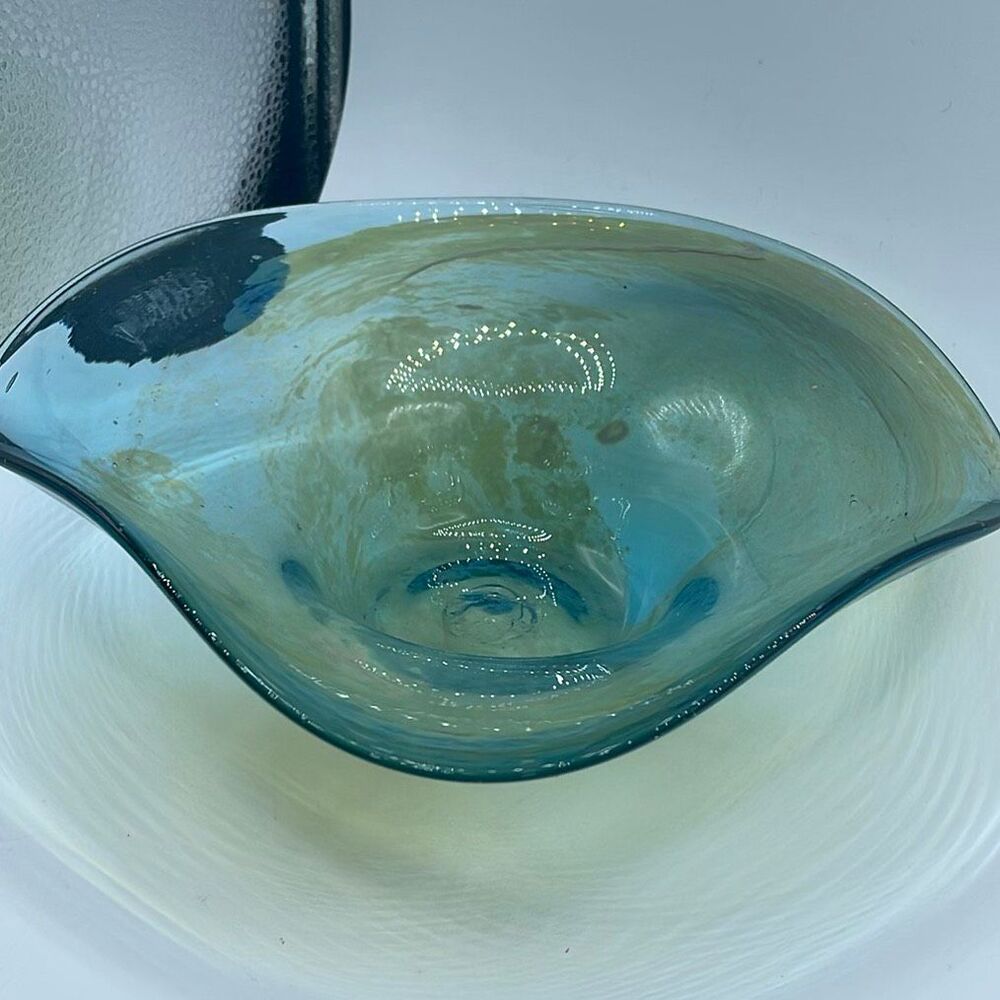 Vintage asymmetrical art glass bowl “ ocean tide”. Organic form.